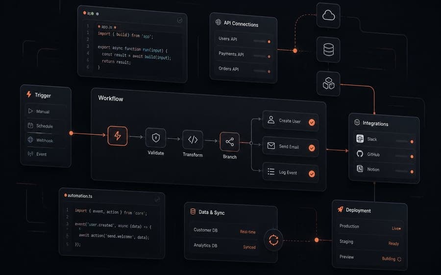 Apps & Automations — app code wired into a workflow of trigger, validate, transform and branch steps, feeding integrations and deployment