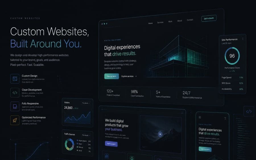 Custom Websites — a bespoke site design shown across desktop and mobile with performance, SEO, and accessibility scores