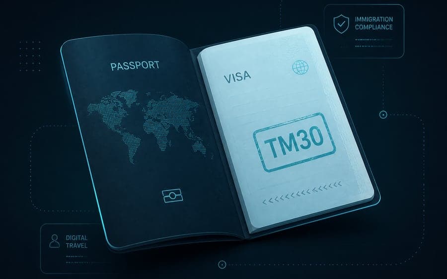 VisaFiler — an open passport stamped TM30, with immigration compliance and digital travel callouts