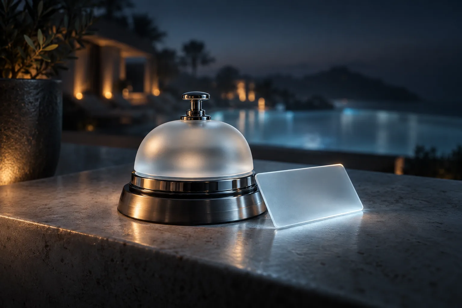 A frosted-glass concierge bell and a glowing key card on stone