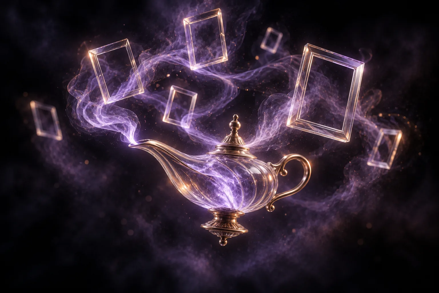 A glass and brass lamp whose luminous smoke forms floating frames