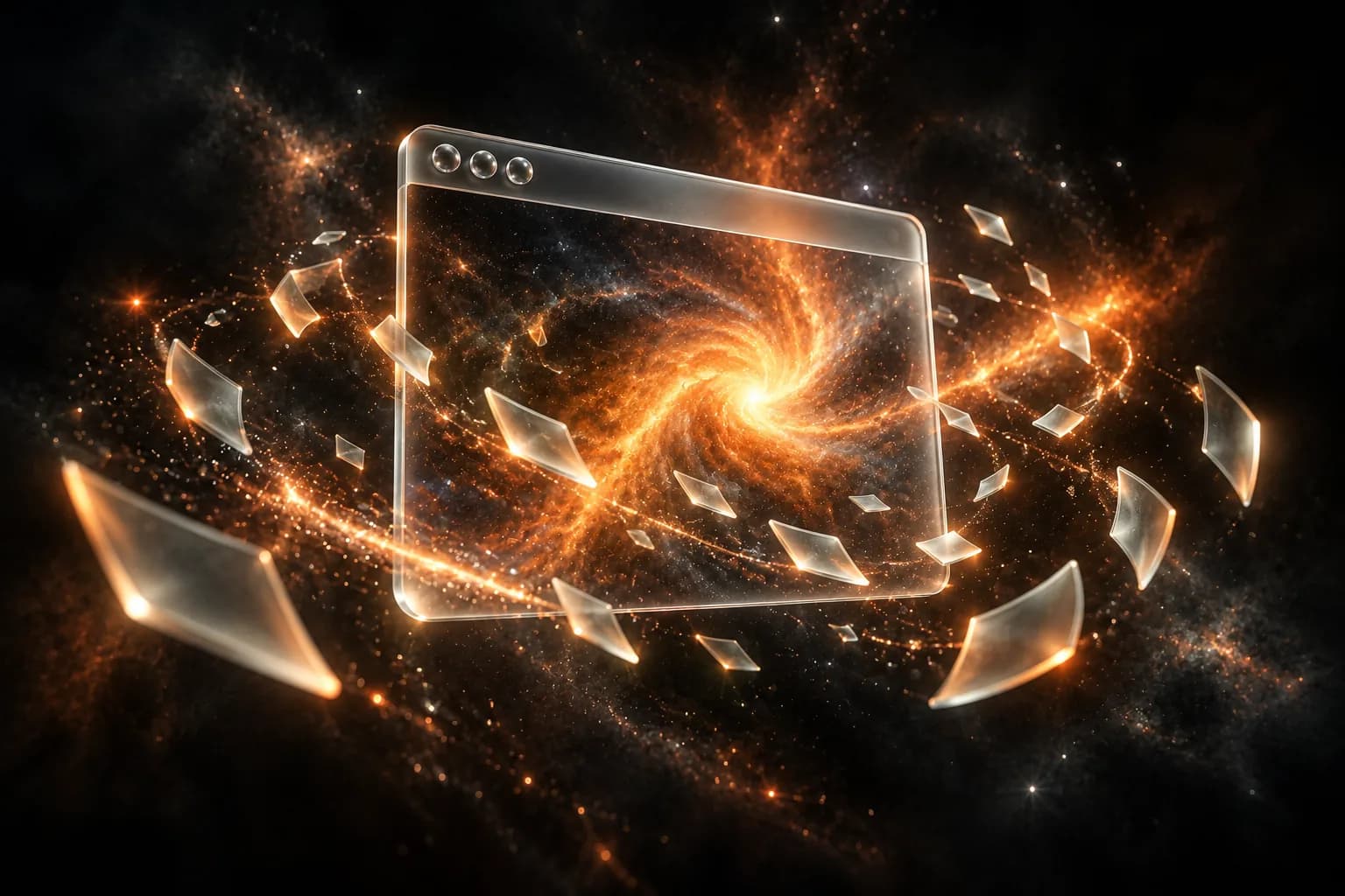A glass browser window opening onto a swirling orange galaxy, with glass tiles spilling out