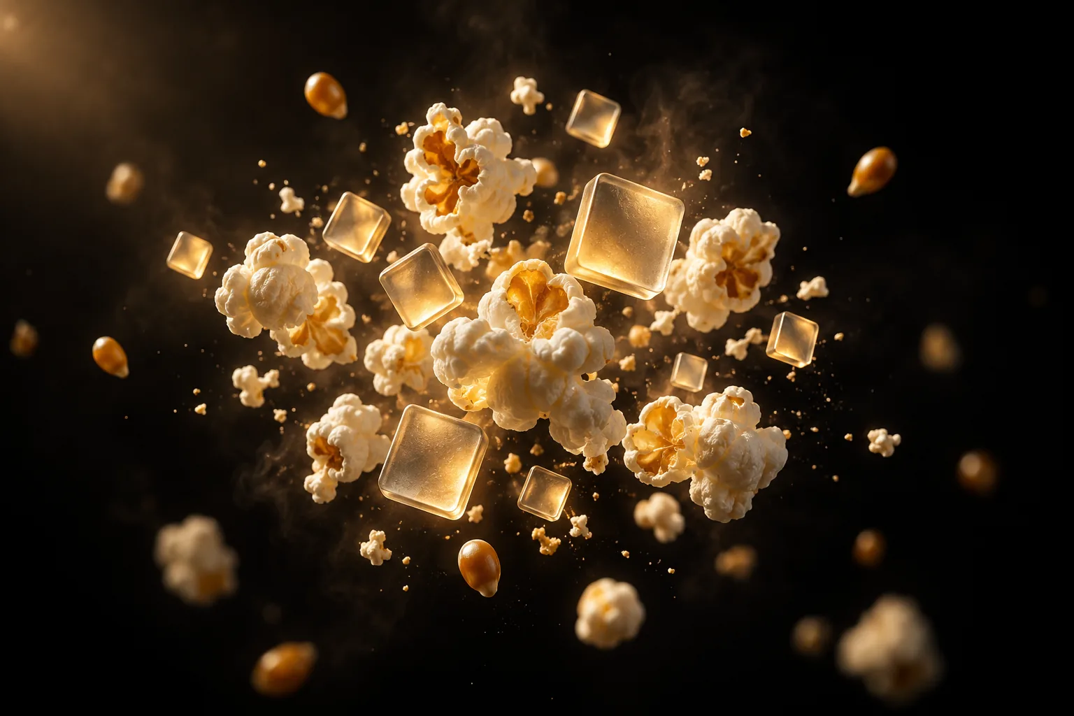 Popcorn kernels bursting mid-air into glowing glass tiles