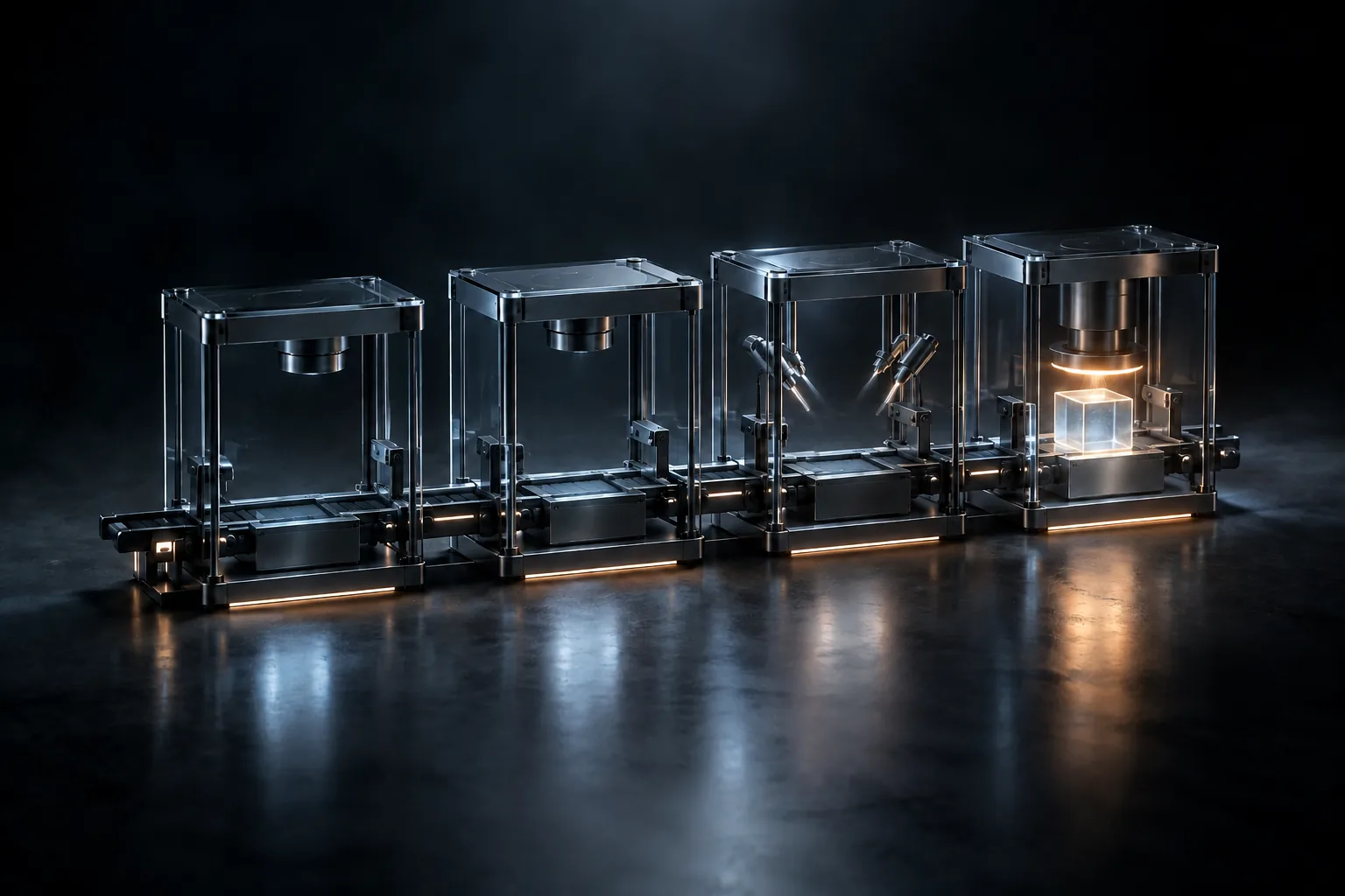 Four glass stations where a glowing cube receives a seal of light