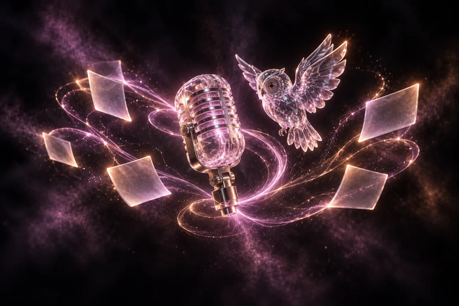 A glass microphone and a glass owl with ribbons of light becoming note cards