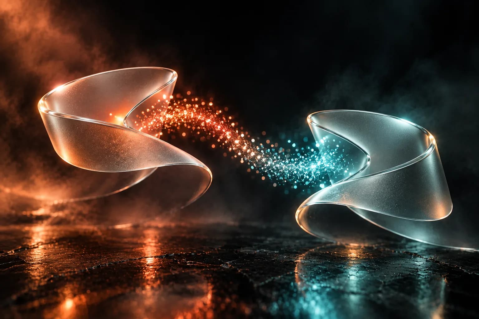 Two glass ribbons exchanging a stream of glowing particles